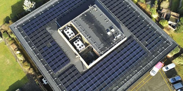 Rooftop solar panels on a commercial building.